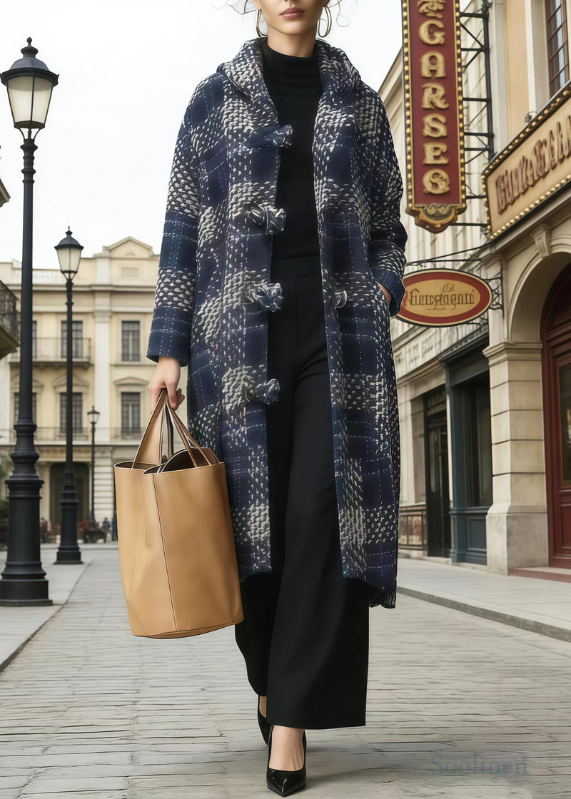 Simple Navy Hooded Plaid Chinese Button Woolen Coat Winter