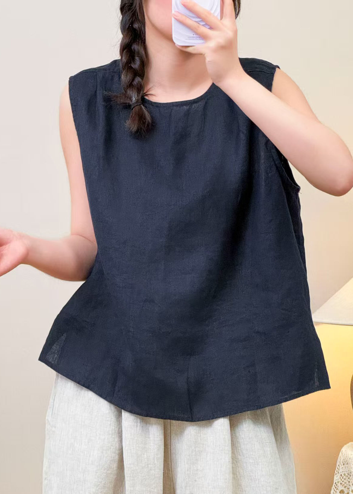 Simple Navy O Neck Button Linen Shirt Sleeveless