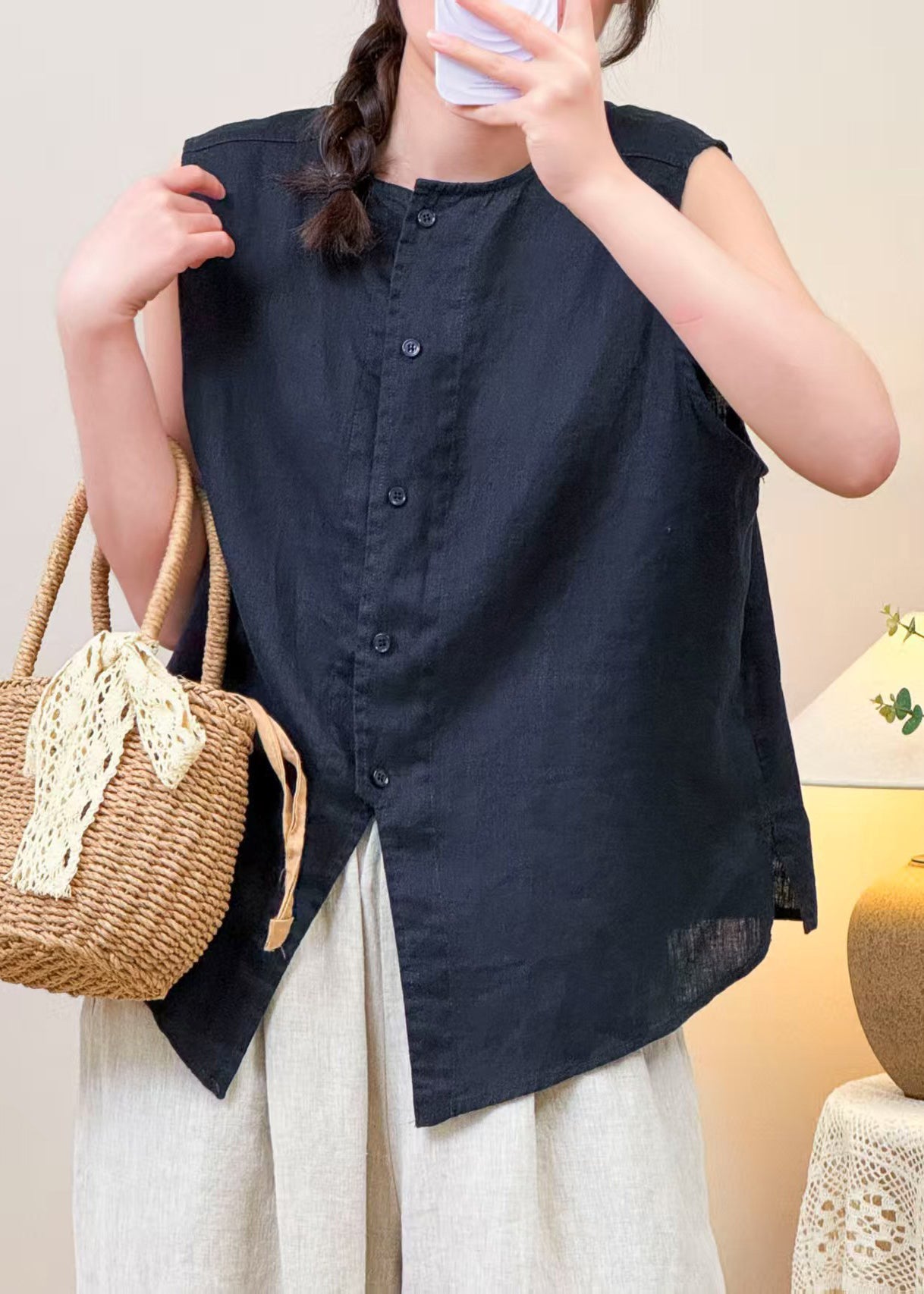 Simple Navy O Neck Button Linen Shirt Sleeveless