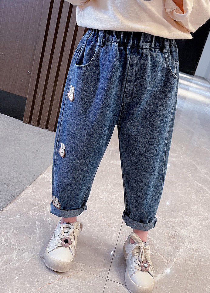 Simple Navy Patchwork Elastic Waist Dnim Pants