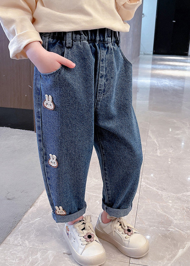 Simple Navy Patchwork Elastic Waist Dnim Pants