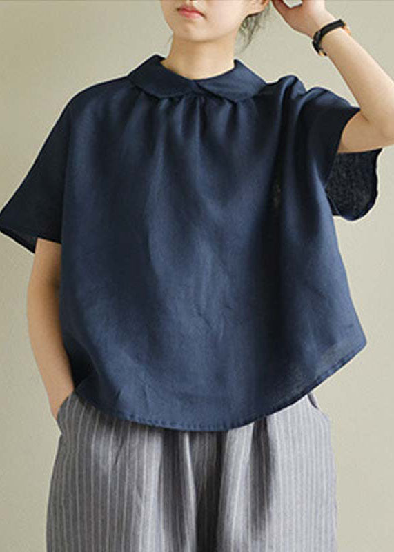 Simple Navy Peter Pan Collar Color Linen Shirts Short Sleeve