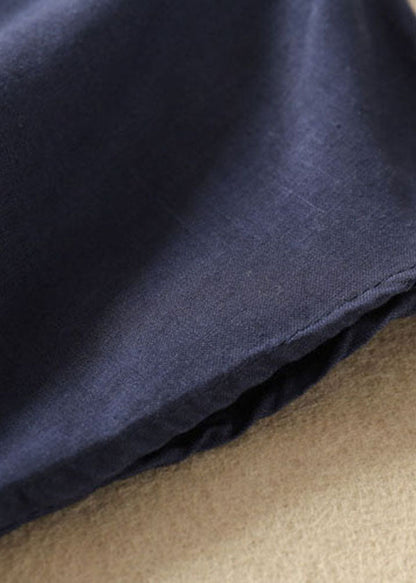 Simple Navy Peter Pan Collar Color Linen Shirts Short Sleeve