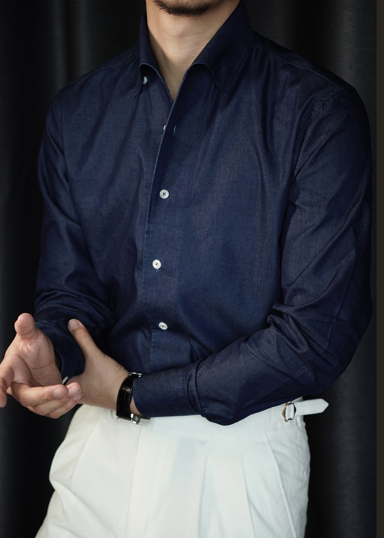 Simple Navy Peter Pan Collar Solid Denim Shirts Mens Fall
