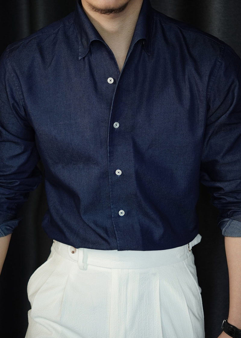Simple Navy Peter Pan Collar Denim Shirts Fall