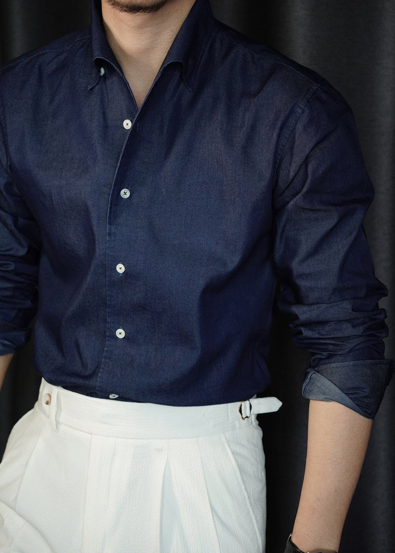 Simple Navy Peter Pan Collar Denim Shirts Fall