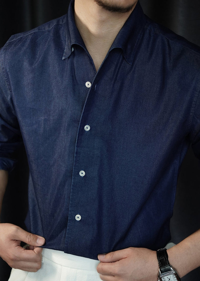 Simple Navy Peter Pan Collar Denim Shirts Fall