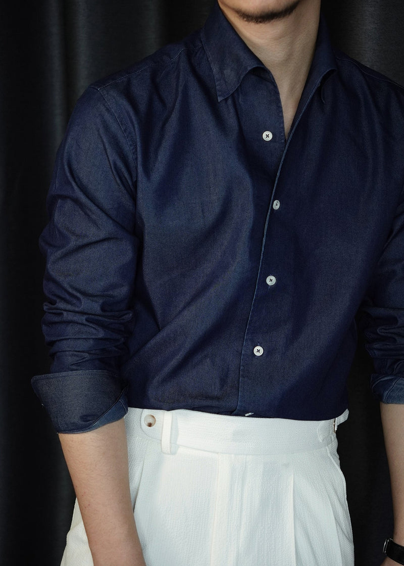 Simple Navy Peter Pan Collar Denim Shirts Fall