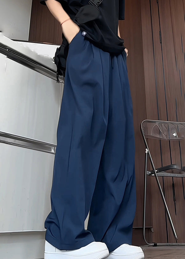 Simple Navy Pockets Elastic Waist Ice Silk Pants Summer