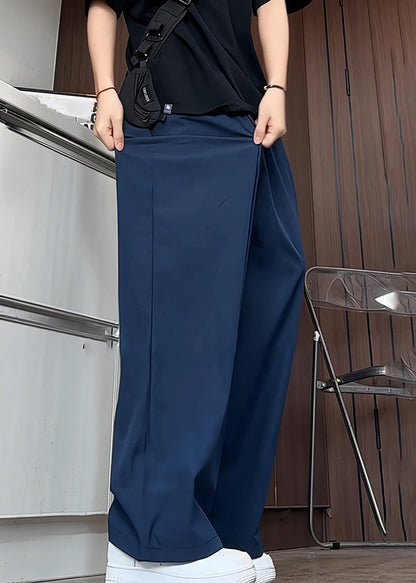 Simple Navy Pockets Elastic Waist Ice Silk Pants Summer