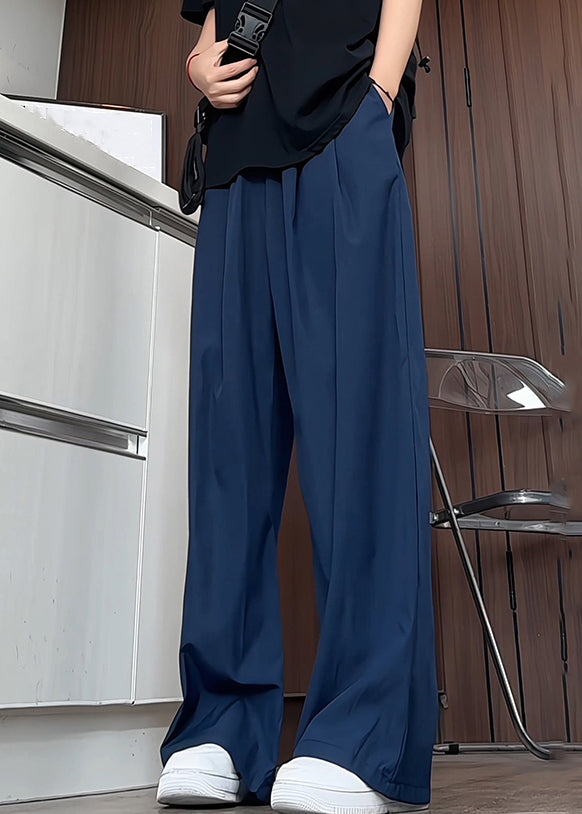 Simple Navy Pockets Elastic Waist Ice Silk Pants Summer
