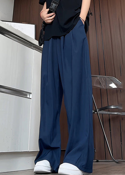 Simple Navy Pockets Elastic Waist Ice Silk Pants Summer
