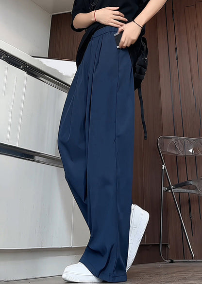 Simple Navy Pockets Elastic Waist Ice Silk Pants Summer