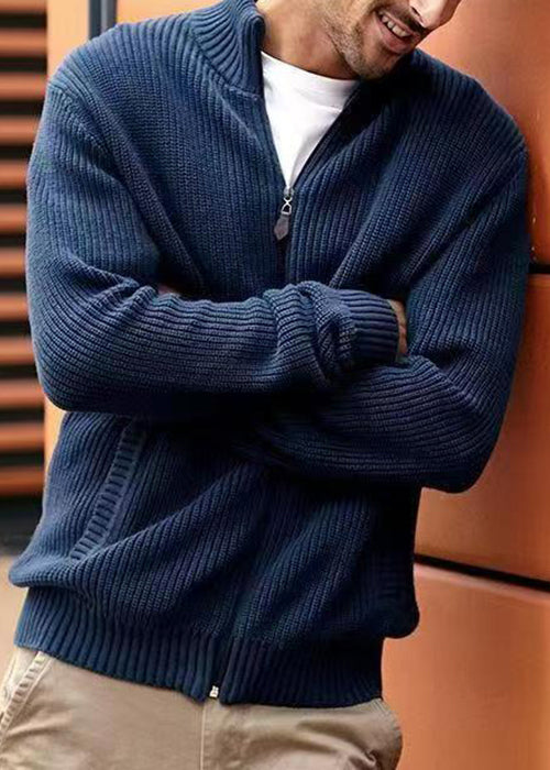 Simple Navy Zip Up Pockets Knit Cardigan Spring