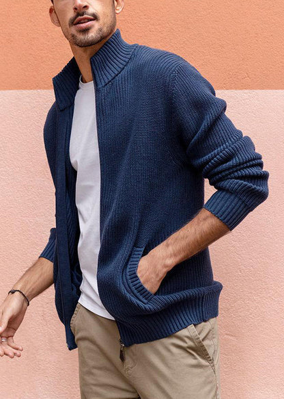 Simple Navy Zip Up Pockets Knit Cardigan Spring
