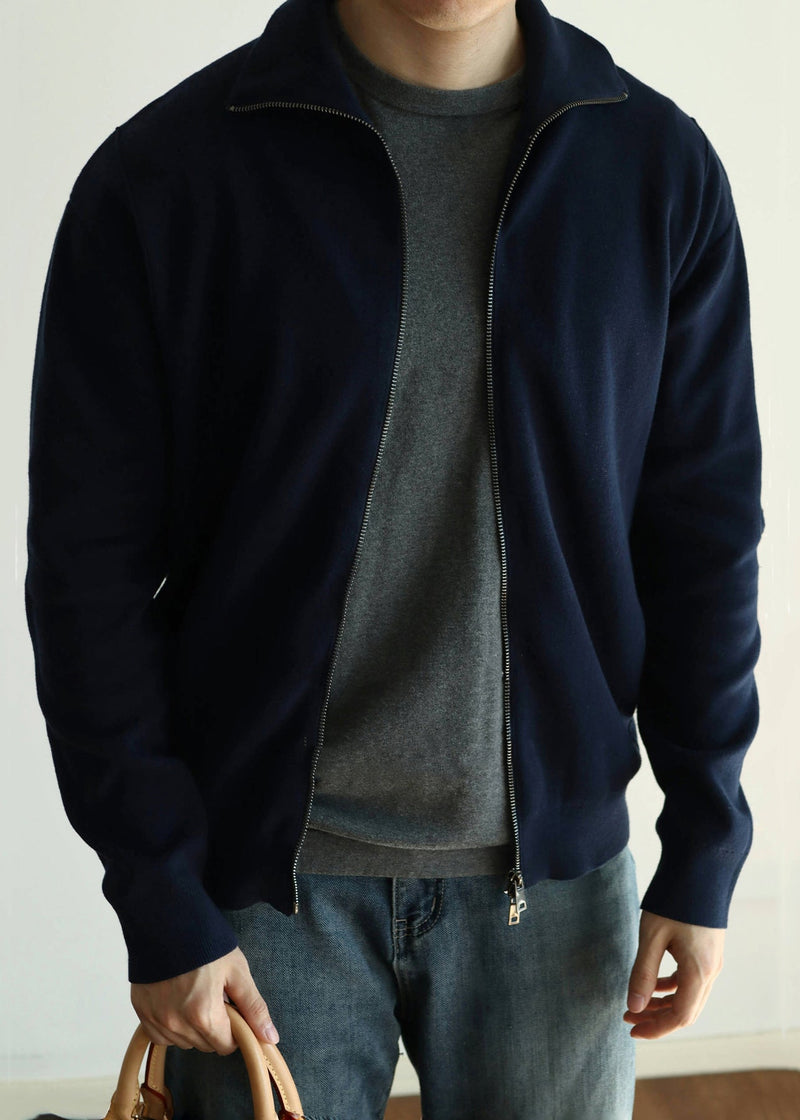 Simple Navy Zip Up Pockets Knit Coats