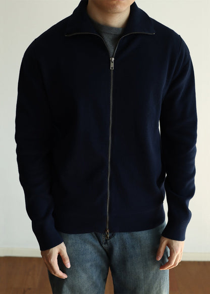 Simple Navy Zip Up Pockets Knit Coats