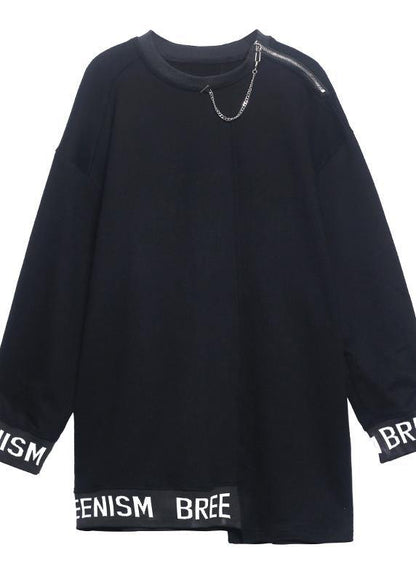 Simple O Neck Asymmetric Spring Tunics For Women Black Letter Tops