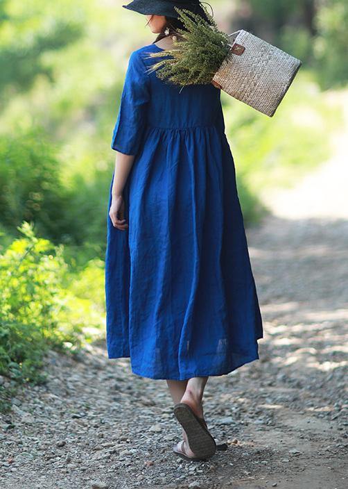 Simple O Neck Patchwork Summer Tunic Blue Dress