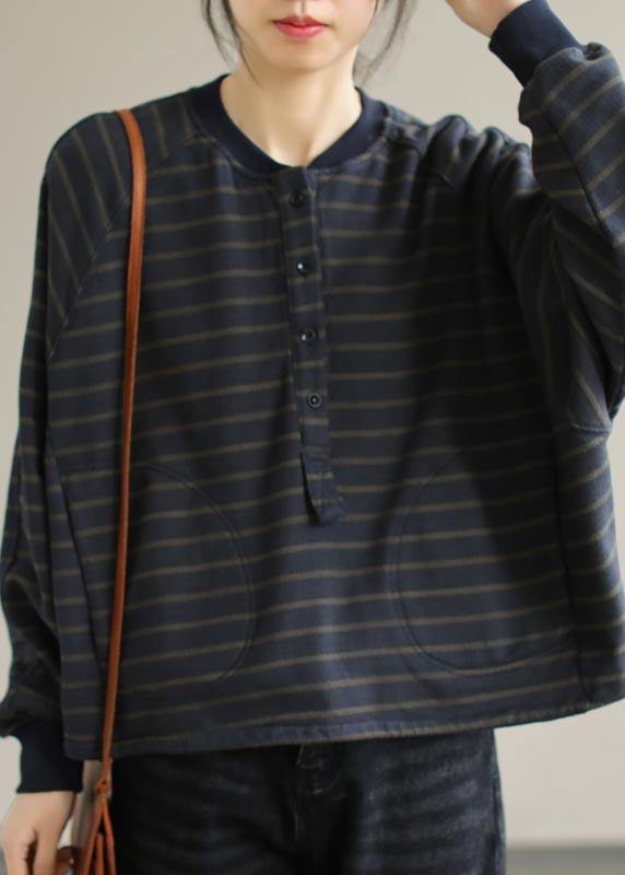Simple O Neck Spring Clothes For Women Christmas Gifts Navy Striped Blouses