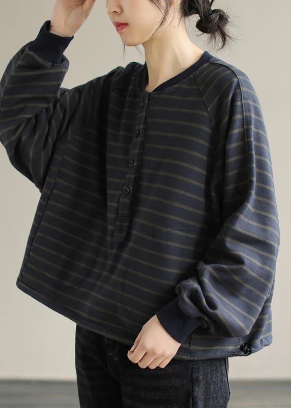 Simple O Neck Spring Clothes For Women Christmas Gifts Navy Striped Blouses