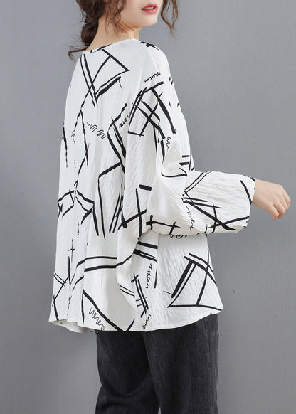 Simple O Neck Spring Design White Print Blouses