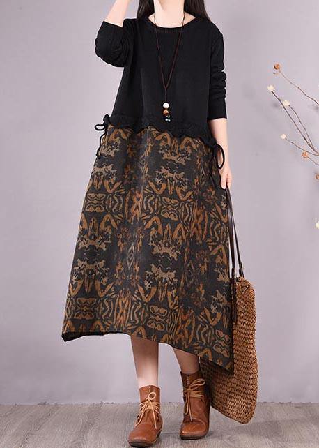 Simple O Neck Spring Quilting Clothes Outfits Black Patchwork Print Maxi Dress