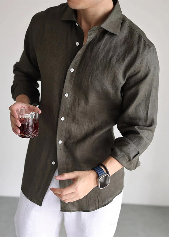 Simple Olive Green Button Solid Linen Men Shirts Long Sleeve