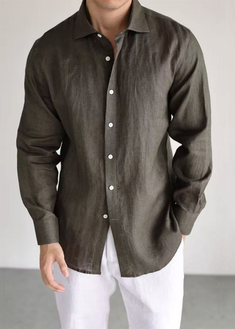 Simple Olive Green Button Linen Shirts Long Sleeve