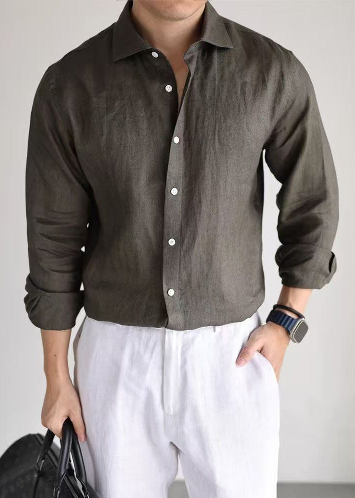 Simple Olive Green Button Solid Linen Men Shirts Long Sleeve