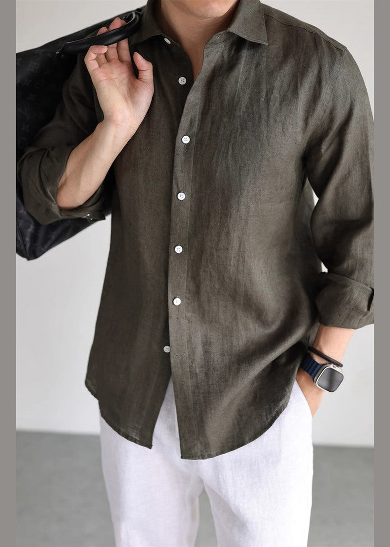 Simple Olive Green Button Linen Shirts Long Sleeve