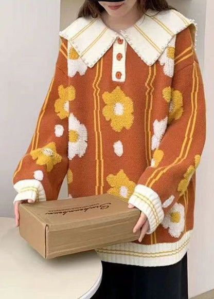 Simple Orange Peter Pan Collar Nail Bead Cotton Knit Sweaters Fall