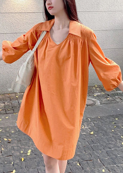 Simple Orange Peter Pan Collar Wrinkled Cotton Shirts Dress Bracelet Sleeve