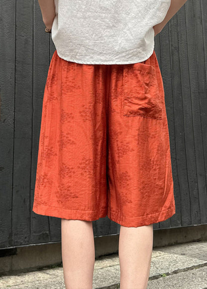 Simple Orange Pockets Print Cotton Beach Shorts Summer