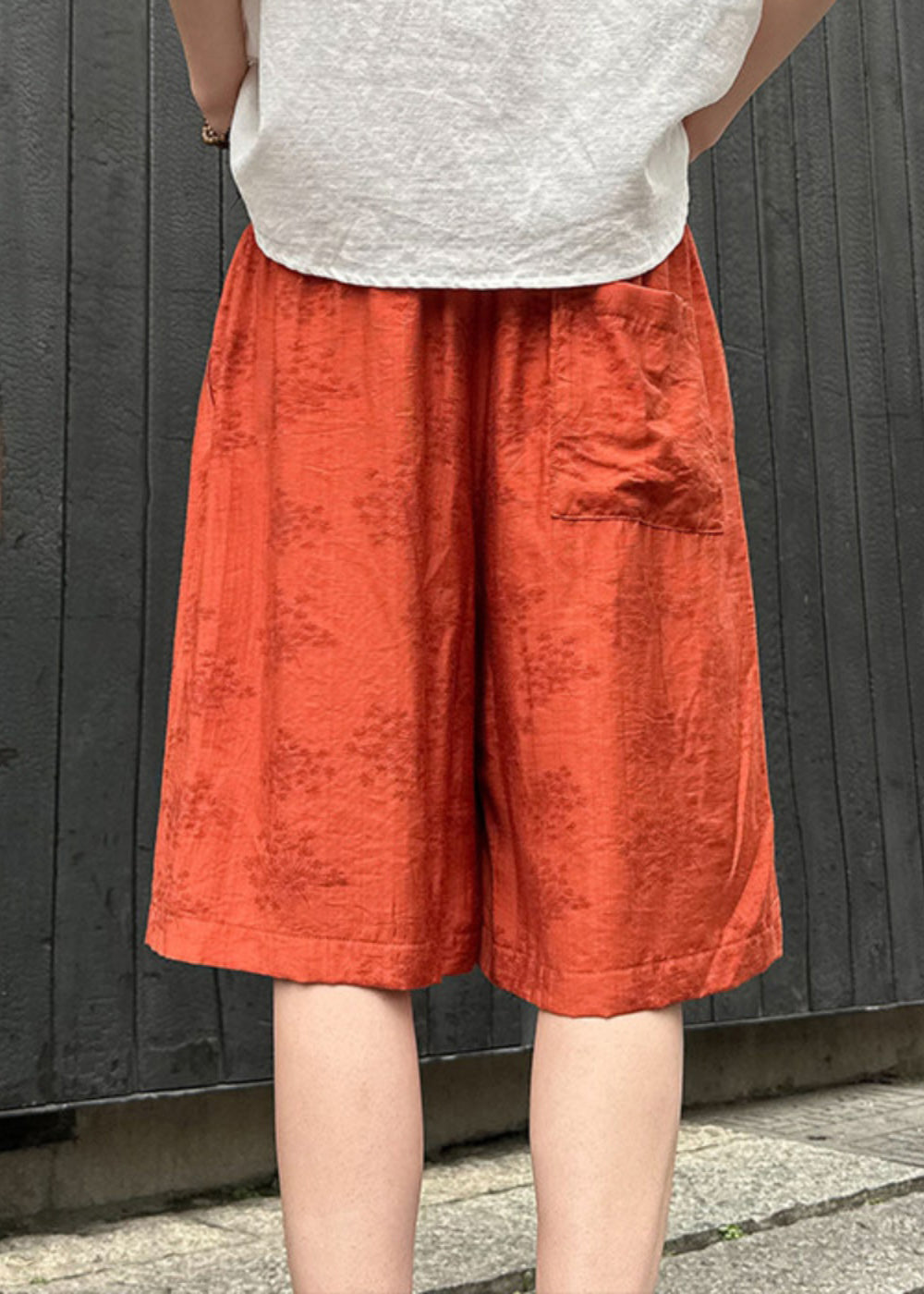 Simple Orange Pockets Print Cotton Beach Shorts Summer