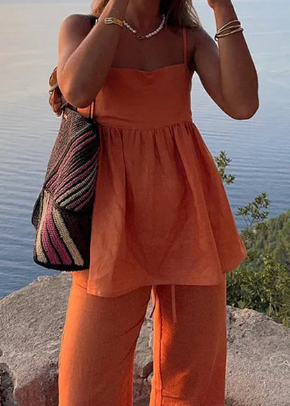 Simple Orange Spaghetti Strap Tank and Pants Cotton 2 Piece Outfit Sleeveless