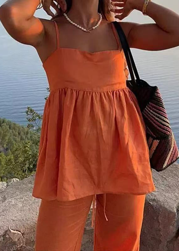 Simple Orange Spaghetti Strap Tank and Pants Cotton 2 Piece Outfit Sleeveless