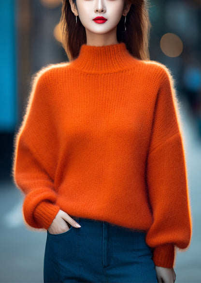 Simple Orange Turtleneck Cotton Knit Top Long Sleeve