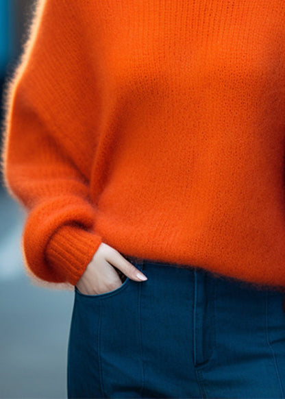 Simple Orange Turtleneck Cotton Knit Top Long Sleeve