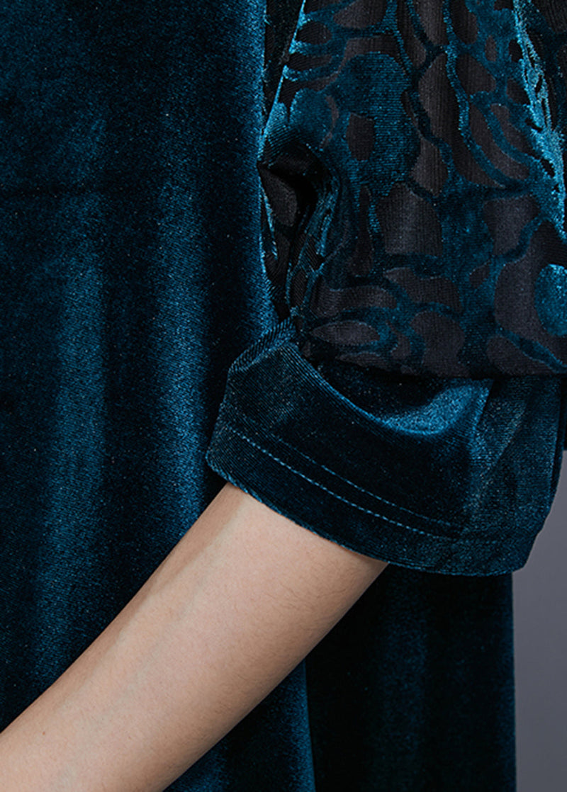 Simple Peacock Blue Oversized Silk Velour Holiday Dress Fall