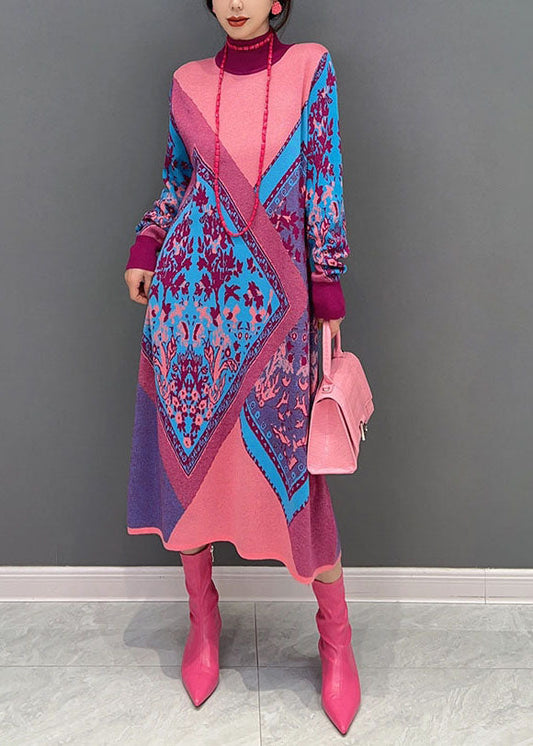 Simple Pink Hign Neck Geometric Patchwork Knit Dress Winter