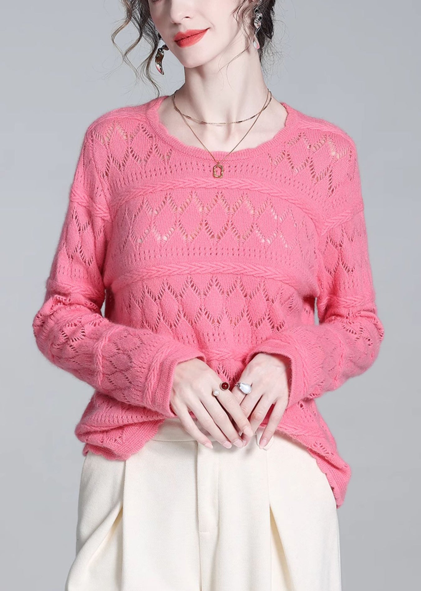 Simple Pink Hollow Out Wool Knit Sweater Winter