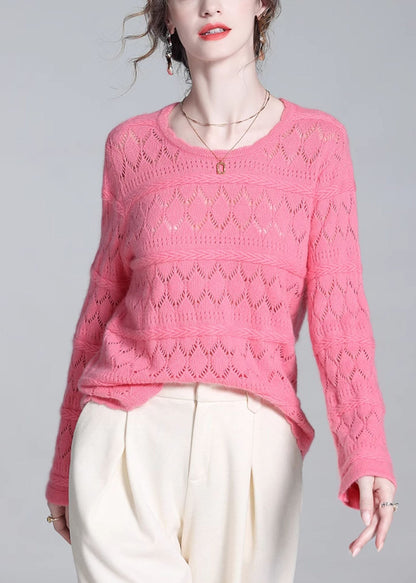 Simple Pink Hollow Out Wool Knit Sweater Winter