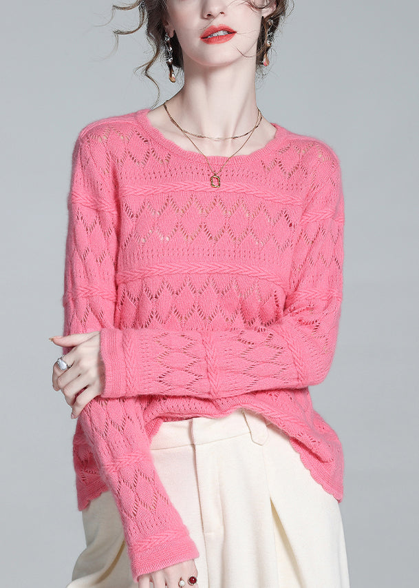 Simple Pink Hollow Out Wool Knit Sweater Winter