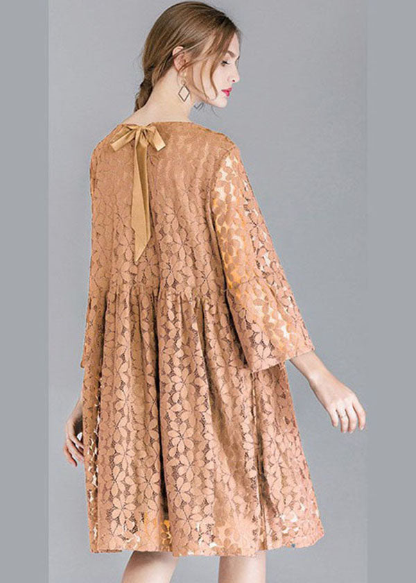 Simple Pink Khaki O-neck Color Lace Party Dresses Bracelet Sleeve