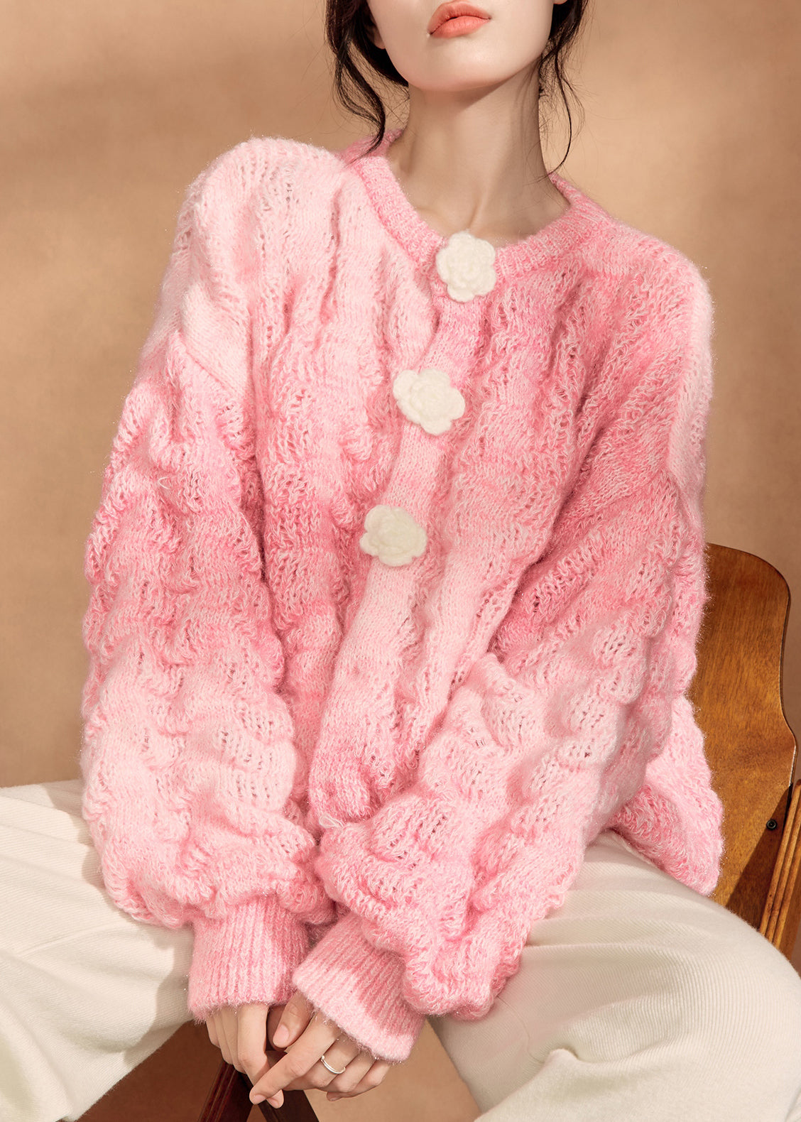 Simple Pink O Neck Button Knit Cardigan Spring