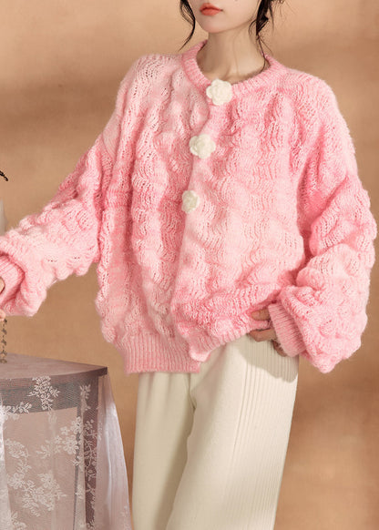 Simple Pink O Neck Button Knit Cardigan Spring