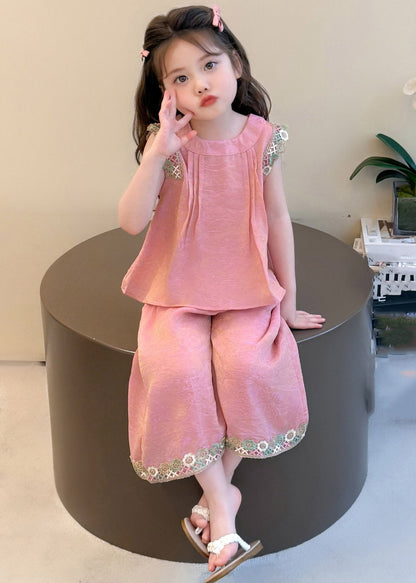 Simple Pink Patchwork Kids Top and Wide Leg Pants Two Piece Set Sleeveless