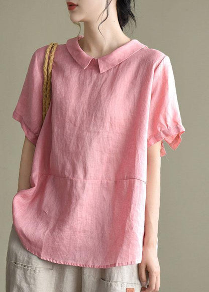 Simple Yellow Peter Pan Collar Patchwork Summer Linen Blouses
