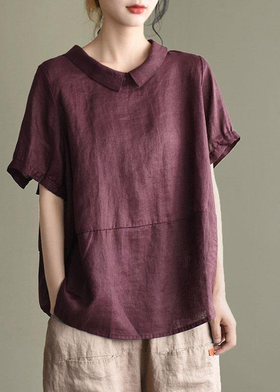 Simple Yellow Peter Pan Collar Patchwork Summer Linen Blouses